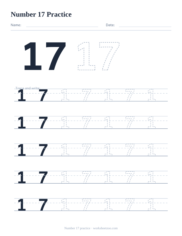 Number 17 formation practice worksheet, five big rows of the dashed number 17 to trace and write, no counting dots