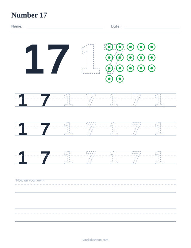 Number 17 tracing worksheet with counting dots