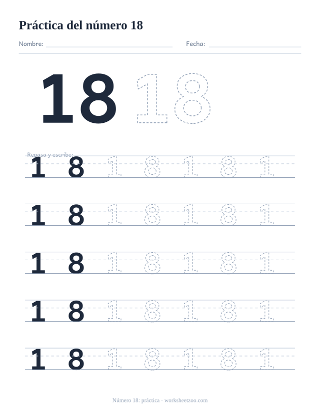 Ficha de práctica del número 18, cinco renglones grandes del número 18 punteado para trazar y escribir, sin círculos para contar