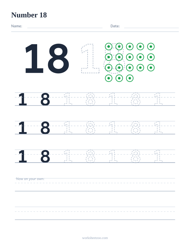 Number 18 tracing worksheet with counting dots