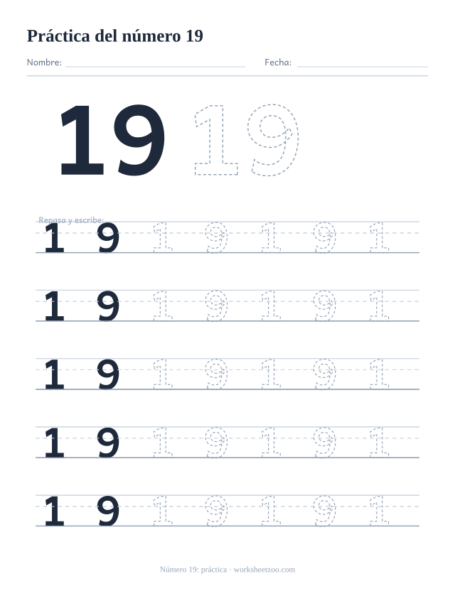 Ficha de práctica del número 19, cinco renglones grandes del número 19 punteado para trazar y escribir, sin círculos para contar