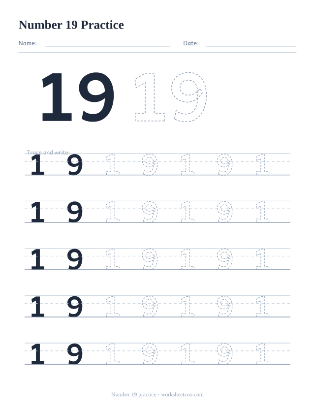 Number 19 formation practice worksheet, five big rows of the dashed number 19 to trace and write, no counting dots