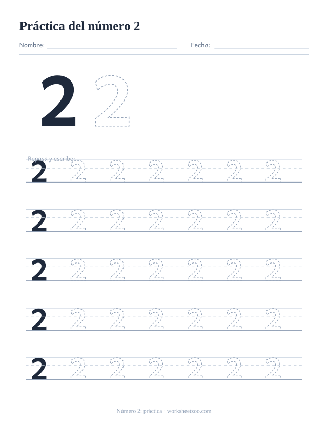 Ficha de práctica del número 2, cinco renglones grandes del número 2 punteado para trazar y escribir, sin círculos para contar