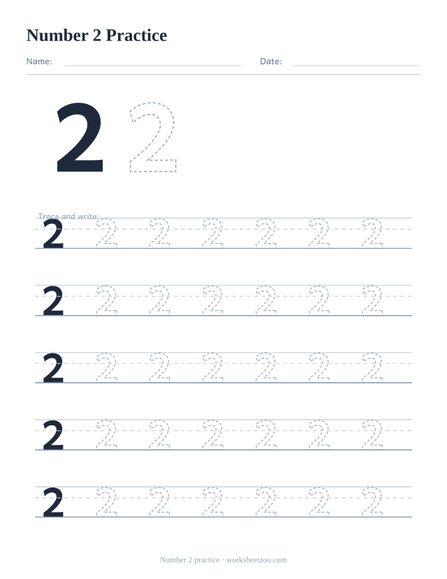 Number 2 formation practice worksheet, five big rows of the dashed number 2 to trace and write, no counting dots