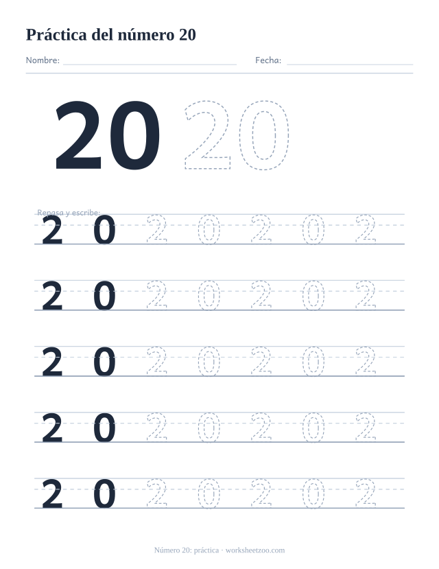 Ficha de práctica del número 20, cinco renglones grandes del número 20 punteado para trazar y escribir, sin círculos para contar