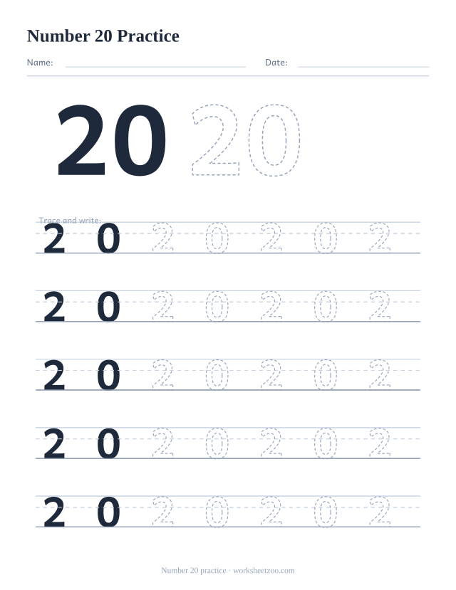 Number 20 formation practice worksheet, five big rows of the dashed number 20 to trace and write, no counting dots