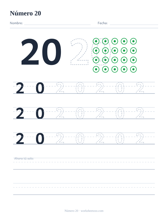 Ficha para trazar el número 20 con círculos para contar