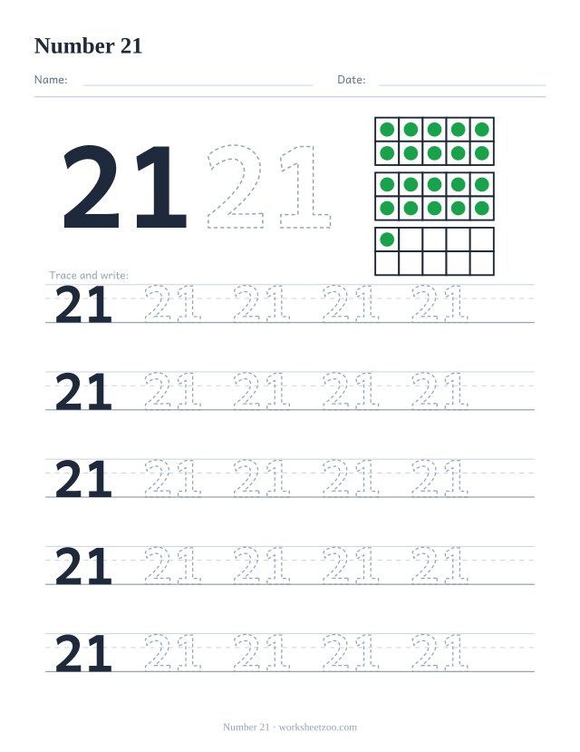 Number 21 tracing worksheet with ten frames showing 21 counters and five rows of writing practice