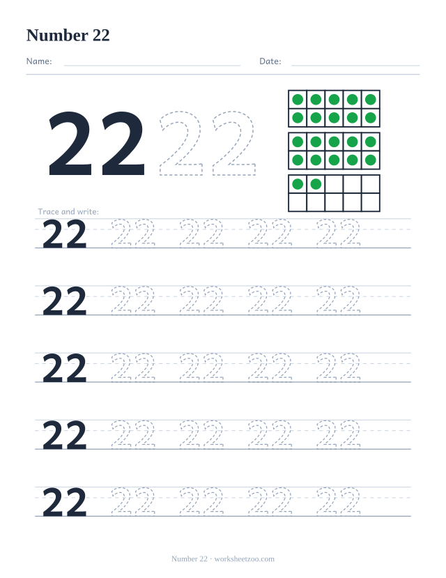 Number 22 tracing worksheet with ten frames showing 22 counters and five rows of writing practice