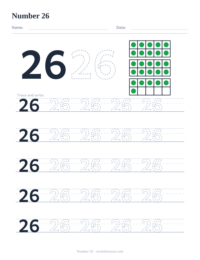 Number 26 tracing worksheet with ten frames showing 26 counters and five rows of writing practice