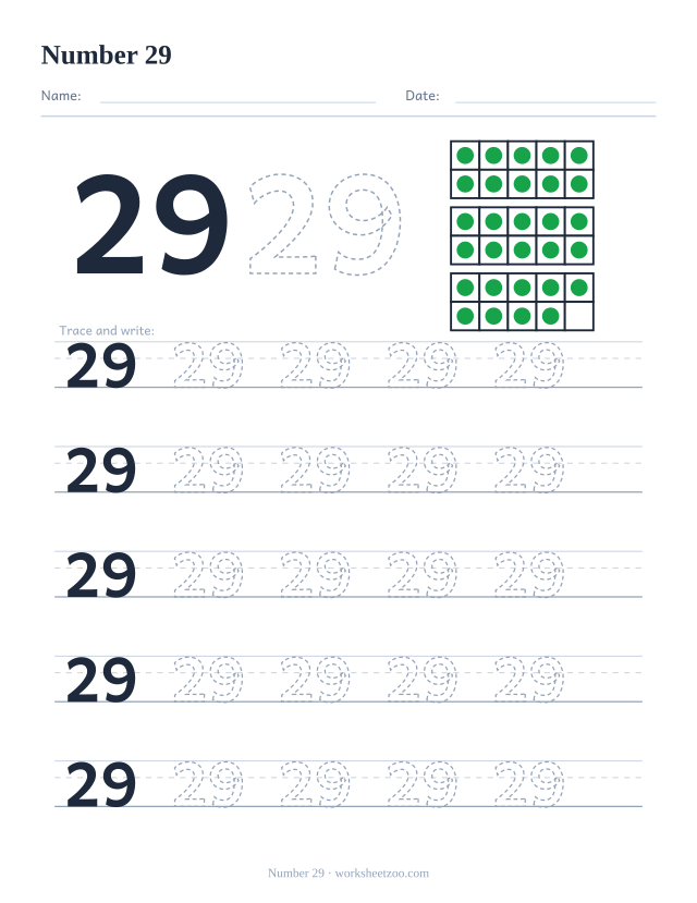 Number 29 tracing worksheet with ten frames showing 29 counters and five rows of writing practice