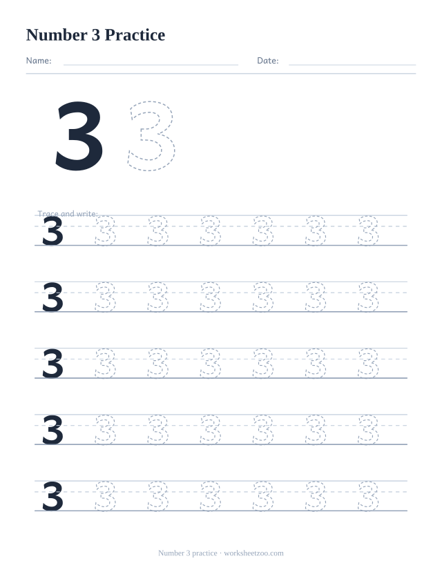 Number 3 formation practice worksheet, five big rows of the dashed number 3 to trace and write, no counting dots