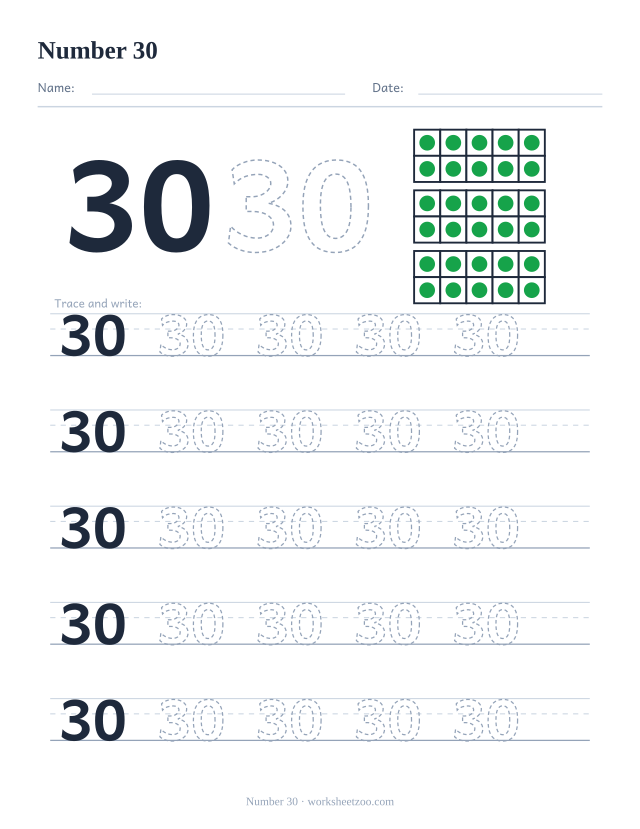 Number 30 tracing worksheet with ten frames showing 30 counters and five rows of writing practice