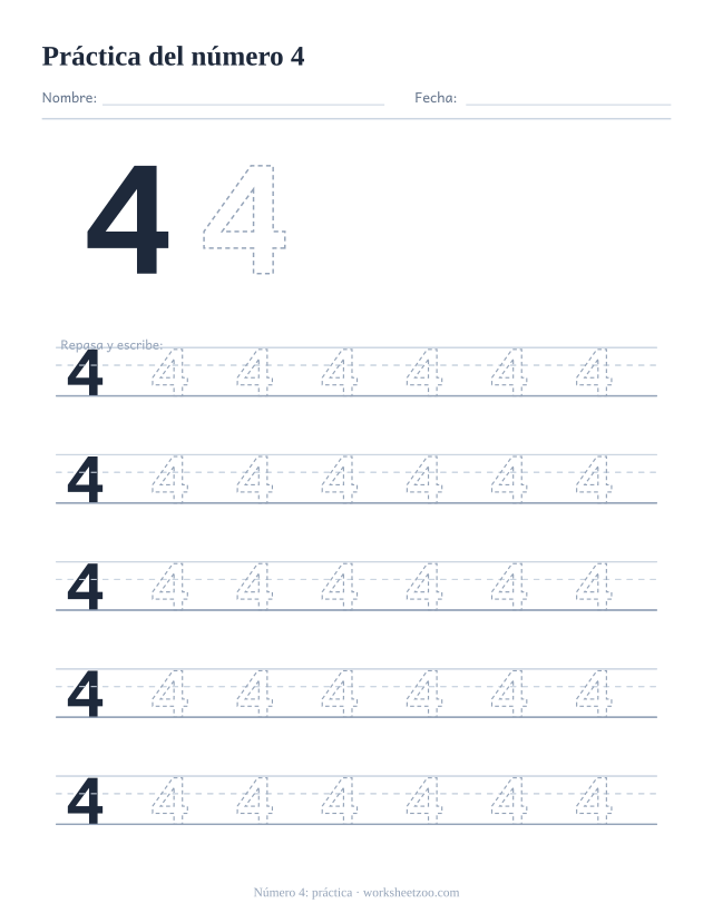 Ficha de práctica del número 4, cinco renglones grandes del número 4 punteado para trazar y escribir, sin círculos para contar