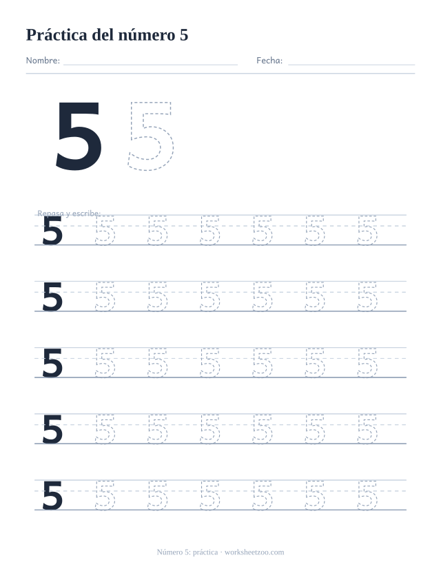 Ficha de práctica del número 5, cinco renglones grandes del número 5 punteado para trazar y escribir, sin círculos para contar