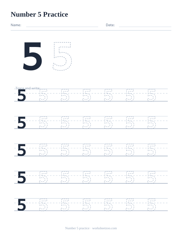 Number 5 formation practice worksheet, five big rows of the dashed number 5 to trace and write, no counting dots