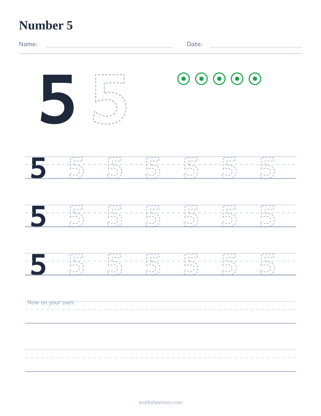 Number 5 tracing worksheet with counting dots