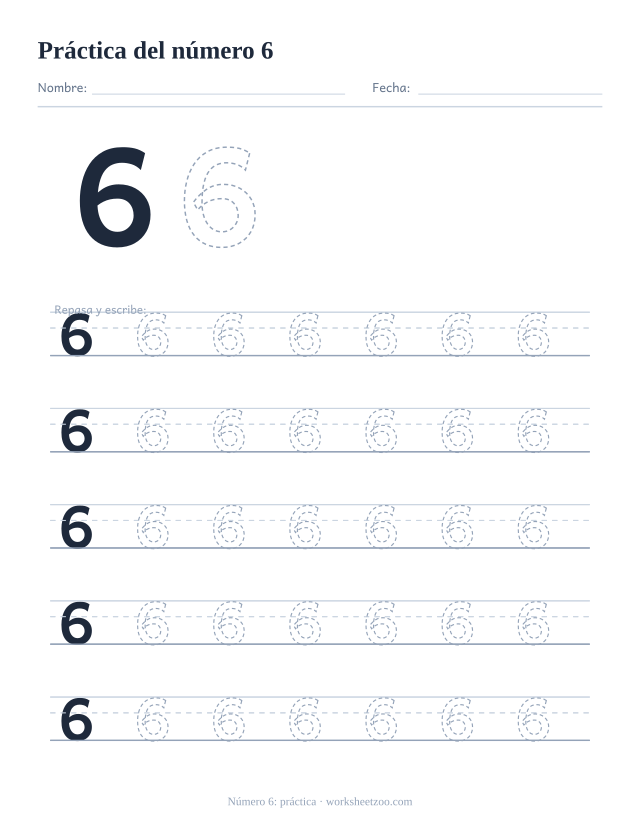 Ficha de práctica del número 6, cinco renglones grandes del número 6 punteado para trazar y escribir, sin círculos para contar