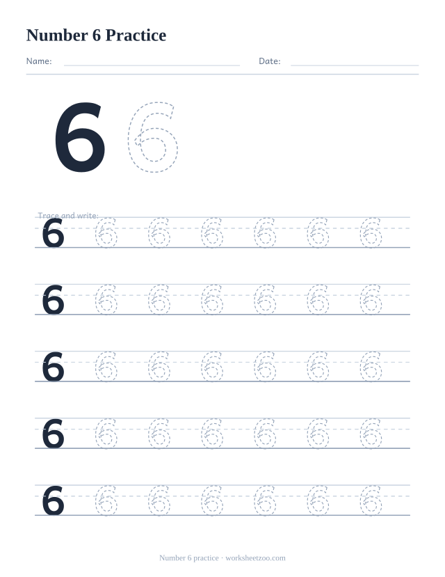 Number 6 formation practice worksheet, five big rows of the dashed number 6 to trace and write, no counting dots