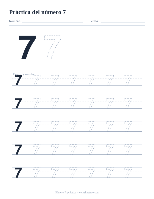Ficha de práctica del número 7, cinco renglones grandes del número 7 punteado para trazar y escribir, sin círculos para contar