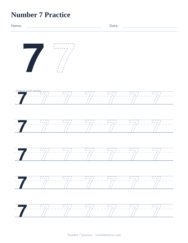 Number 7 formation practice worksheet, five big rows of the dashed number 7 to trace and write, no counting dots