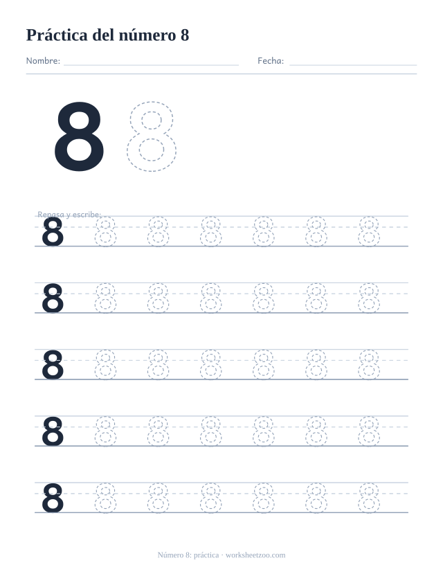 Ficha de práctica del número 8, cinco renglones grandes del número 8 punteado para trazar y escribir, sin círculos para contar
