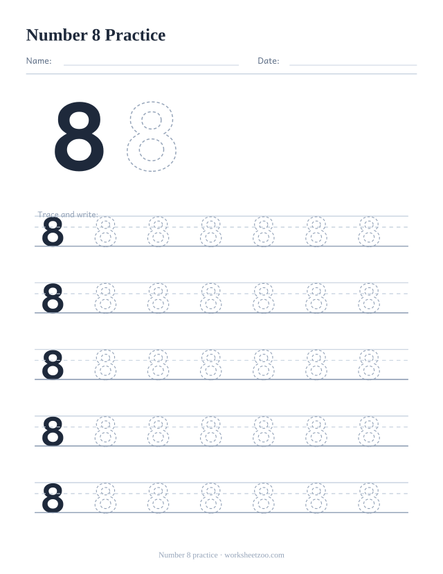 Number 8 formation practice worksheet, five big rows of the dashed number 8 to trace and write, no counting dots