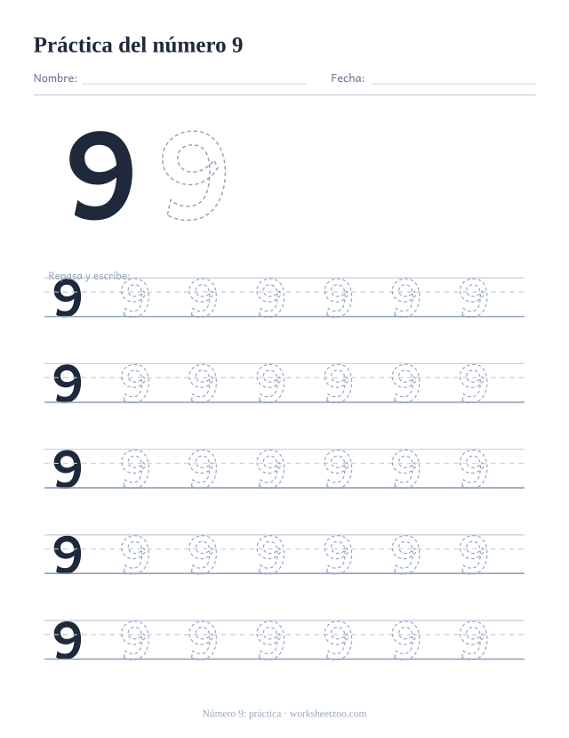 Ficha de práctica del número 9, cinco renglones grandes del número 9 punteado para trazar y escribir, sin círculos para contar