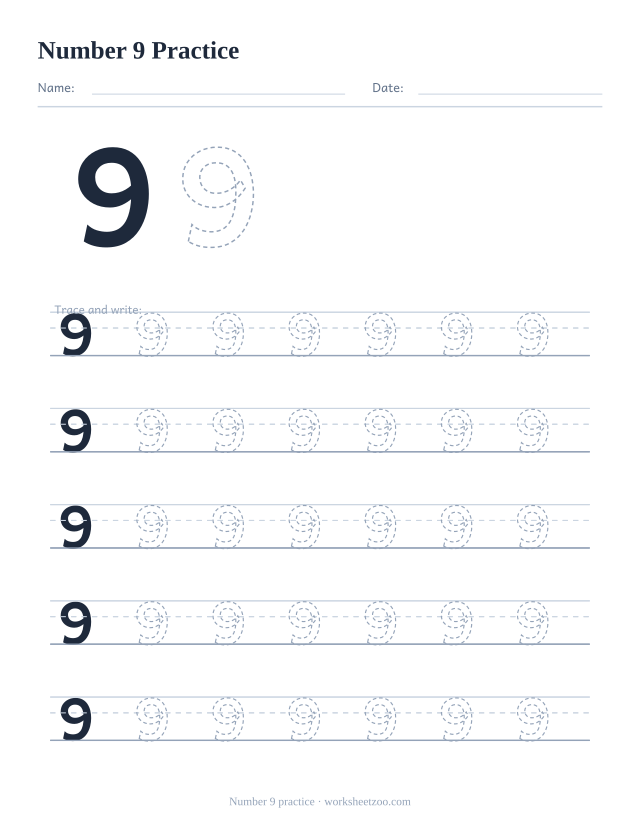 Number 9 formation practice worksheet, five big rows of the dashed number 9 to trace and write, no counting dots