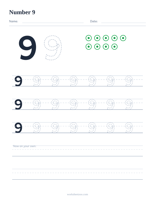 Number 9 tracing worksheet with counting dots