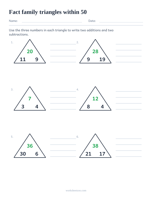 Number bond fact family worksheet within 50, six triangles giving two additions and two subtractions each