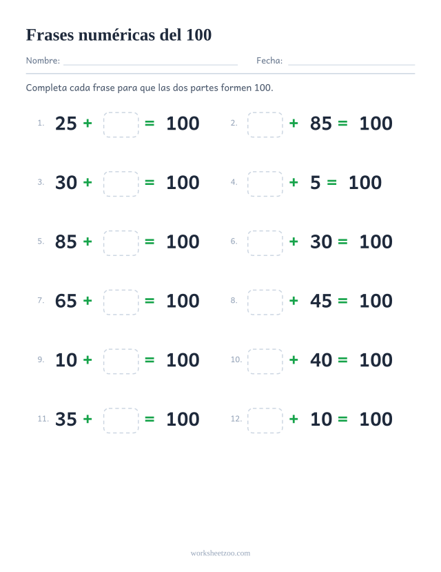 Descomposición del 100 escrita como doce frases numéricas con un sumando que falta y sin dibujo