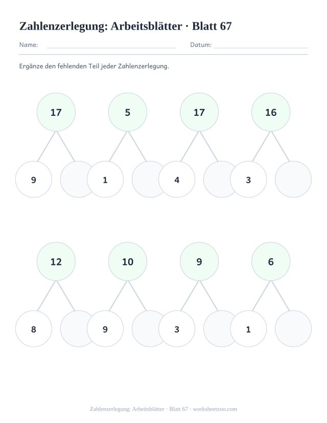 Vorschau: Zahlenzerlegung: Arbeitsblätter, druckbares Arbeitsblatt 67