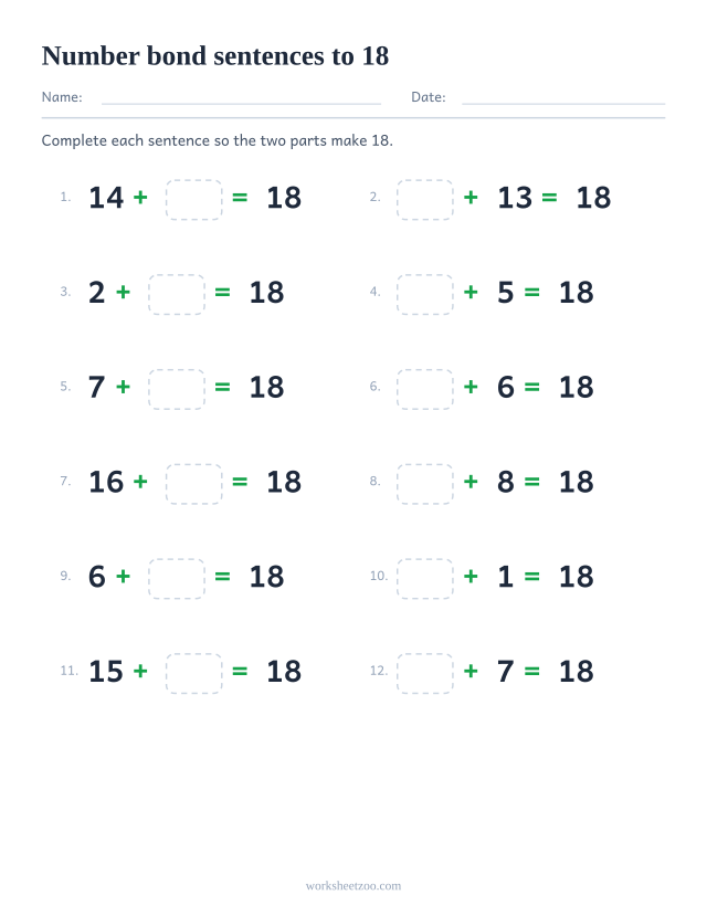 Number bonds to 18 written as twelve number sentences with a missing addend and no diagram