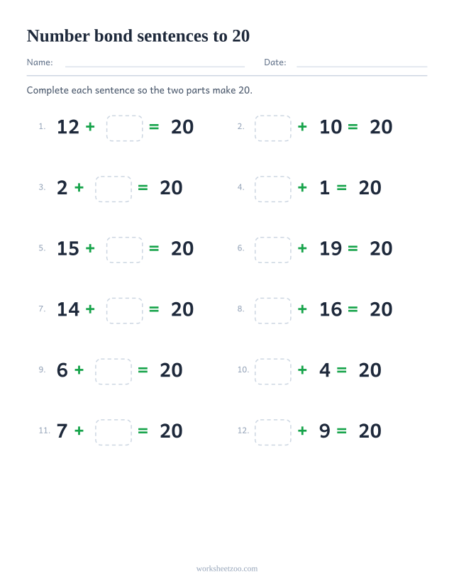 Number bonds to 20 written as twelve number sentences with a missing addend and no diagram