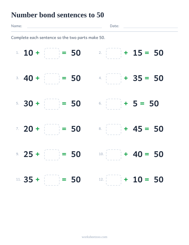 Number bonds to 50 written as twelve number sentences with a missing addend and no diagram