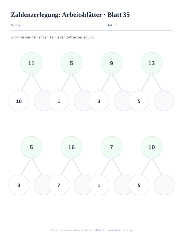 Vorschau: Zahlenzerlegung: Arbeitsblätter, druckbares Arbeitsblatt 35