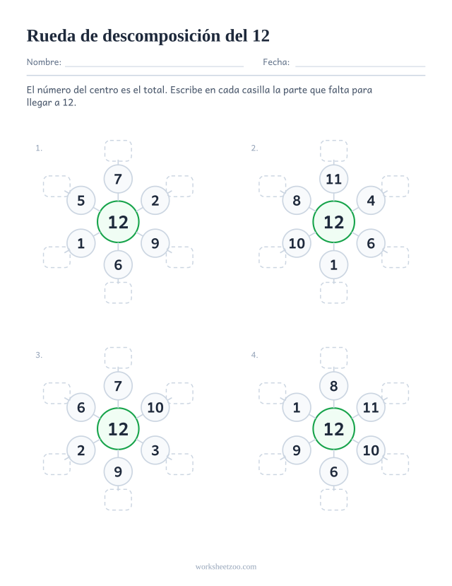 Ficha de ruedas de descomposición del 12, cuatro ruedas con el 12 en el centro y la pareja de cada radio