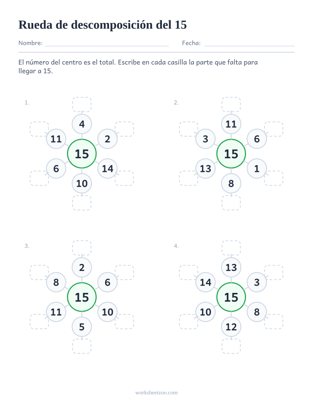 Ficha de ruedas de descomposición del 15, cuatro ruedas con el 15 en el centro y la pareja de cada radio