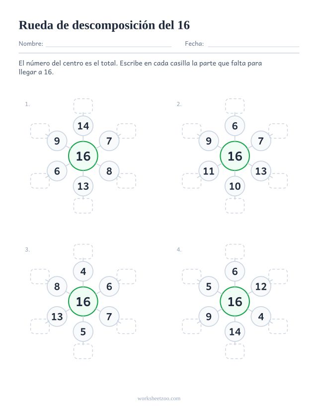 Ficha de ruedas de descomposición del 16, cuatro ruedas con el 16 en el centro y la pareja de cada radio