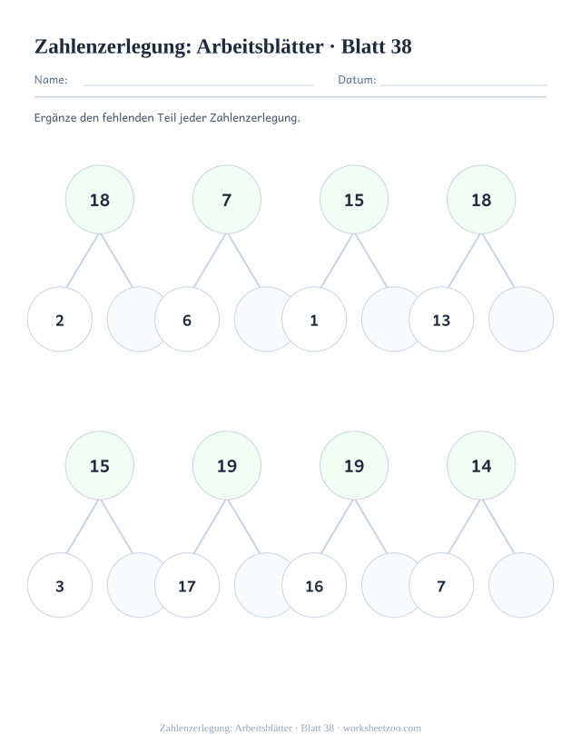 Vorschau: Zahlenzerlegung: Arbeitsblätter, druckbares Arbeitsblatt 38