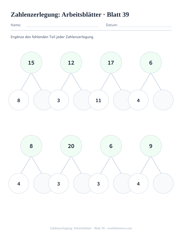 Vorschau: Zahlenzerlegung: Arbeitsblätter, druckbares Arbeitsblatt 39