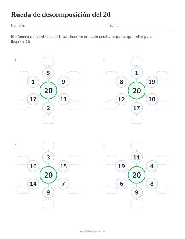 Ficha de ruedas de descomposición del 20, cuatro ruedas con el 20 en el centro y la pareja de cada radio