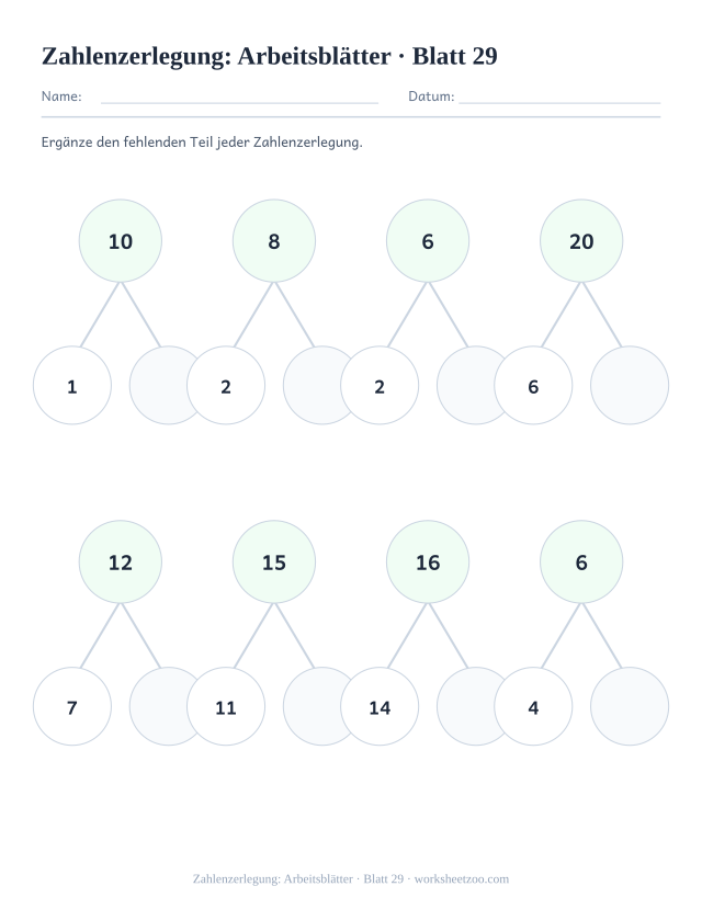 Vorschau: Zahlenzerlegung: Arbeitsblätter, druckbares Arbeitsblatt 29