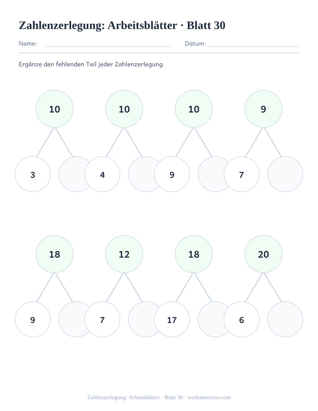 Vorschau: Zahlenzerlegung: Arbeitsblätter, druckbares Arbeitsblatt 30