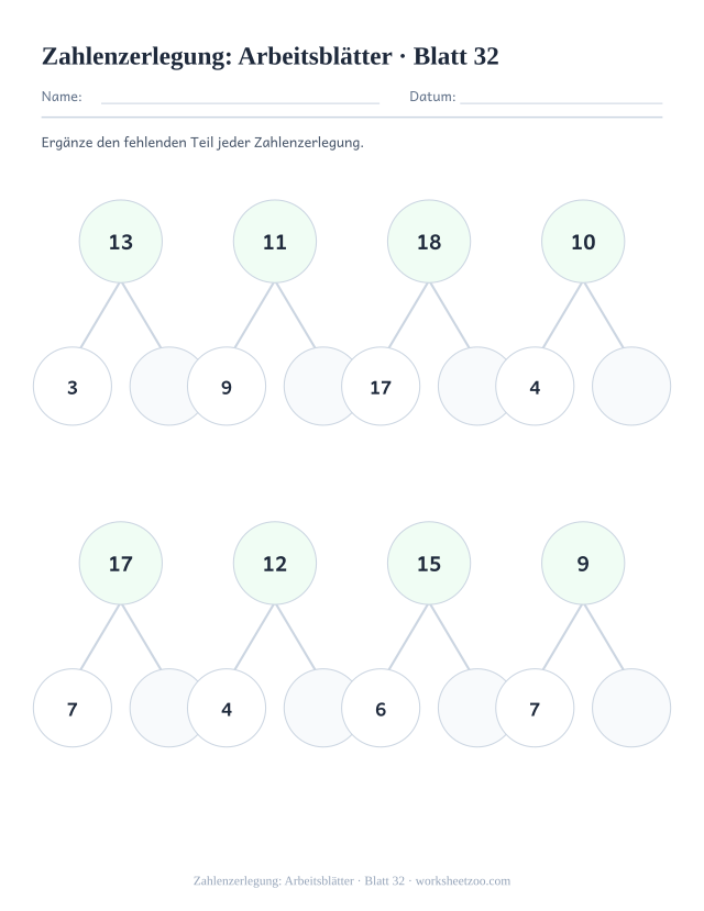Vorschau: Zahlenzerlegung: Arbeitsblätter, druckbares Arbeitsblatt 32