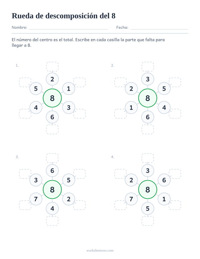 Ficha de ruedas de descomposición del 8, cuatro ruedas con el 8 en el centro y la pareja de cada radio