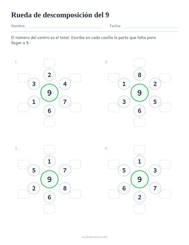 Ficha de ruedas de descomposición del 9, cuatro ruedas con el 9 en el centro y la pareja de cada radio