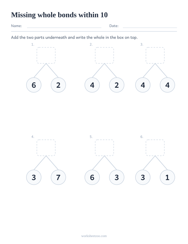 Number bonds worksheet with the whole missing, six bond trees with wholes between 4 and 10 to complete