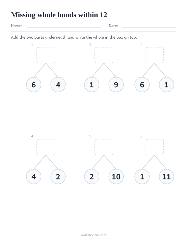 Number bonds worksheet with the whole missing, six bond trees with wholes between 5 and 12 to complete